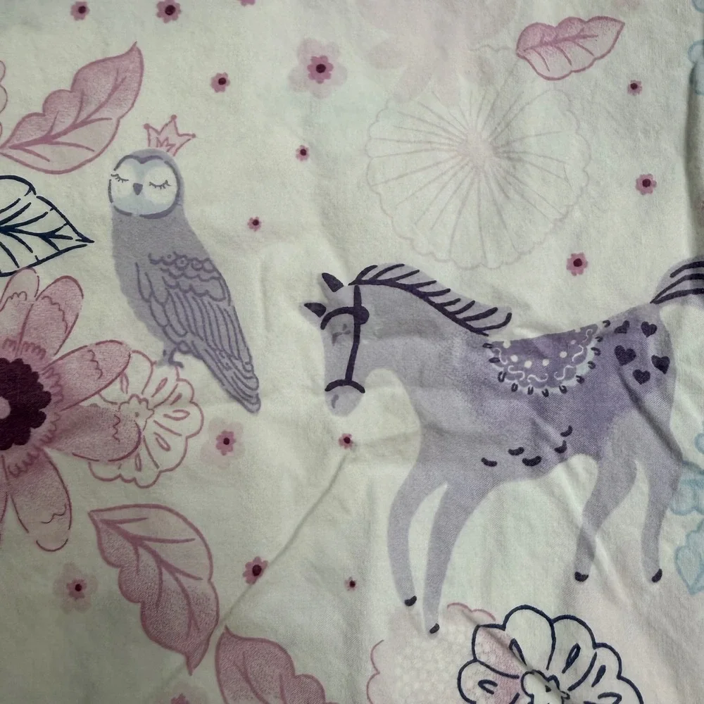 Pottery Barn Kids Aria Twin Flat Sheet Watercolor Horse Owl Floral Pink Purple